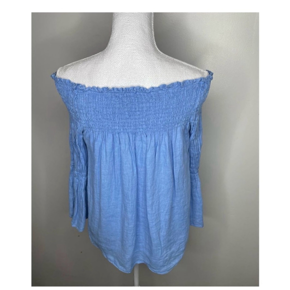 NWT Zara Off Shoulder Linen Top Light Blue Smocked Bell Sleeve Size S - Picture 4 of 6